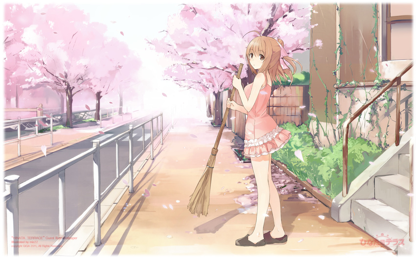 :o ahoge bare_legs border broom brown_eyes brown_hair cherry_blossoms dress fading_border highres hinata_terrace light_brown_hair miz road short_dress sleeveless sleeveless_dress slippers solo stairs standing wallpaper yaotome_mai