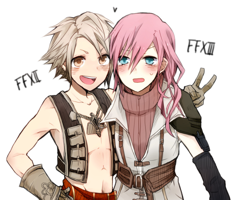 1girl amada_(maxnana) bad_id bad_pixiv_id blonde_hair blue_eyes brown_eyes dissidia_012_final_fantasy dissidia_final_fantasy final_fantasy final_fantasy_xii final_fantasy_xiii gloves heart highres lightning_farron open_mouth pink_hair v vaan