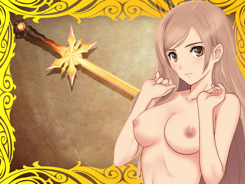 blush breasts highres naked nipples nude photoshop sega shining_(series) shining_wind sword taka_tony tanaka_takayuki touka_kureha weapon