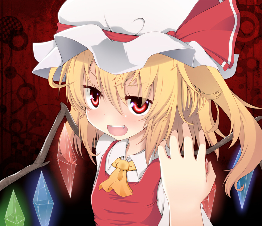 blonde_hair dress face fang flandre_scarlet hands hat open_mouth red_dress red_eyes side_ponytail solo touhou tsunsuki_(naobe009) wings