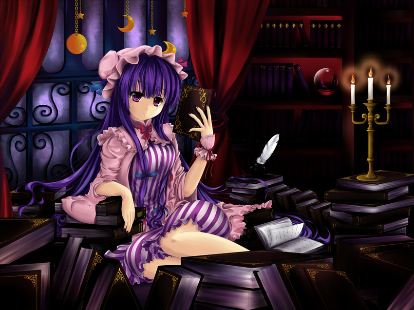 arm_support book bookshelf candle cloudy.r crescent hat library long_hair ornament patchouli_knowledge purple_eyes purple_hair sitting solo touhou very_long_hair voile