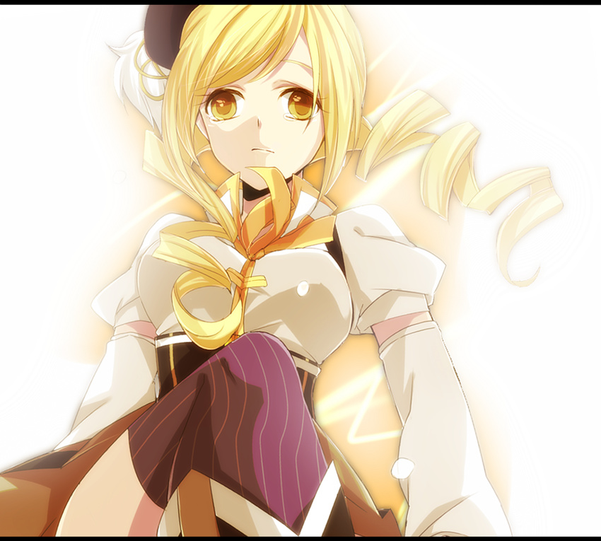 bad_id bad_pixiv_id beret blonde_hair crossed_legs detached_sleeves drill_hair hat letterboxed mahou_shoujo_madoka_magica puffy_sleeves segawa_(azmch) sitting solo tears thighhighs tomoe_mami yellow_eyes