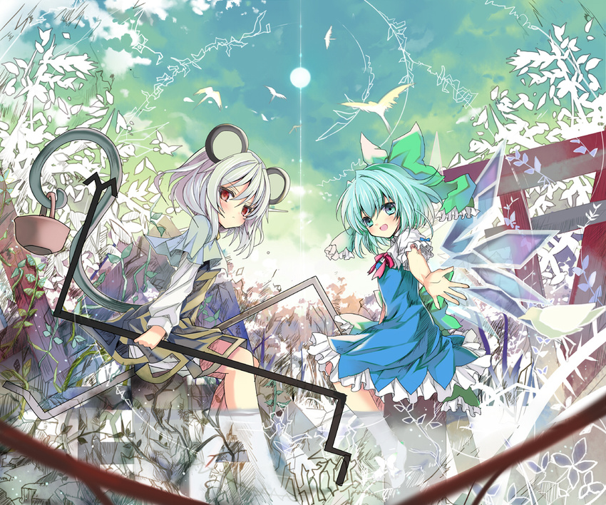 animal_ears blue_eyes blue_hair bow cirno grey_hair hair_bow md5_mismatch mouse_ears mouse_tail multiple_girls nazrin red_eyes revision shino_(eefy) short_hair soaking_feet tail touhou water wings