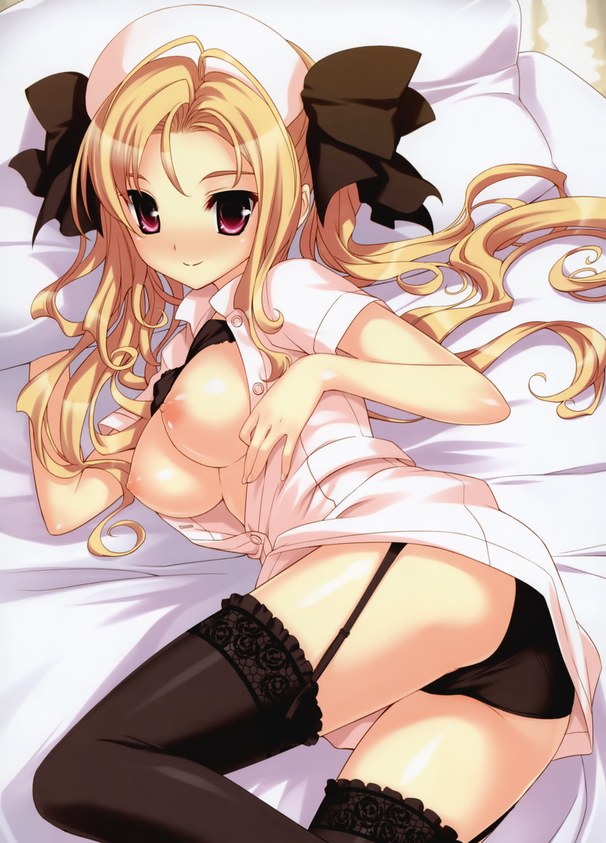 absurdres amano_yuu antenna_hair blonde_hair blush bra bra_lift breasts garter_belt hair_ribbon hat heart heart-shaped_pupils highres lace lace-trimmed_thighhighs large_breasts lingerie looking_at_viewer lying nipples nurse nurse_cap open_clothes open_shirt original panties puffy_nipples purple_eyes ribbon scan shiny shiny_skin shirt smile solo symbol-shaped_pupils thighhighs twintails underwear uniform