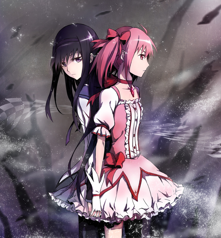 akemi_homura azmodan back-to-back bad_id bad_pixiv_id black_hair bubble_skirt choker frills gloves hair_ribbon hairband highres holding_hands kaname_madoka long_hair magical_girl mahou_shoujo_madoka_magica multiple_girls pantyhose pink_eyes pink_hair pleated_skirt puffy_sleeves purple_eyes red_choker revision ribbon short_twintails skirt twintails