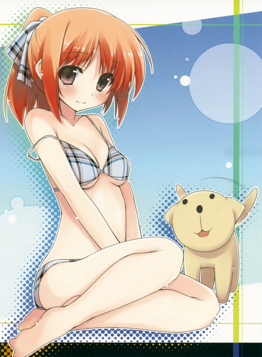 absurdres bare_legs bare_shoulders barefoot bikini blush breasts brown_eyes cleavage copyright_request dog highres looking_at_viewer medium_breasts mizoguchi_keiji orange_hair plaid ponytail puppy sitting smile solo strap_slip swimsuit yokozuwari