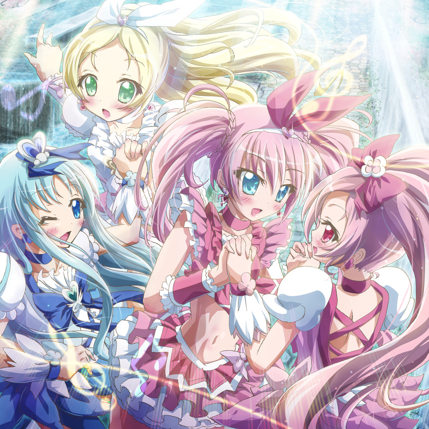 blonde_hair blue_choker blue_eyes blue_hair blush bow choker cure_blossom cure_marine cure_melody cure_rhythm dress earrings green_eyes hair_ornament hanasaki_tsubomi happy heart heartcatch_precure! highres holding_hands houjou_hibiki inoshishi_(ikatomo) jewelry kurumi_erika long_hair magical_girl midriff minamino_kanade multiple_girls navel one_eye_closed open_mouth pink_bow pink_choker pink_eyes pink_hair ponytail precure ribbon skirt suite_precure treble_clef twintails white_choker wrist_cuffs