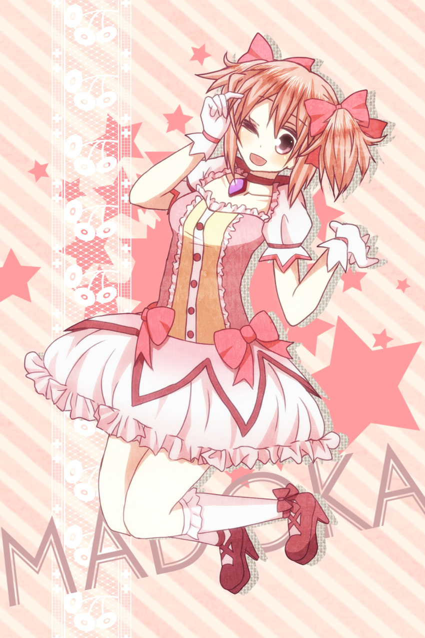 bow bubble_skirt character_name dress gloves hair_bow highres kaname_madoka magical_girl mahou_shoujo_madoka_magica natsume_(lunch-fisher) one_eye_closed pink_eyes pink_hair ribbon shoes short_twintails skirt solo twintails