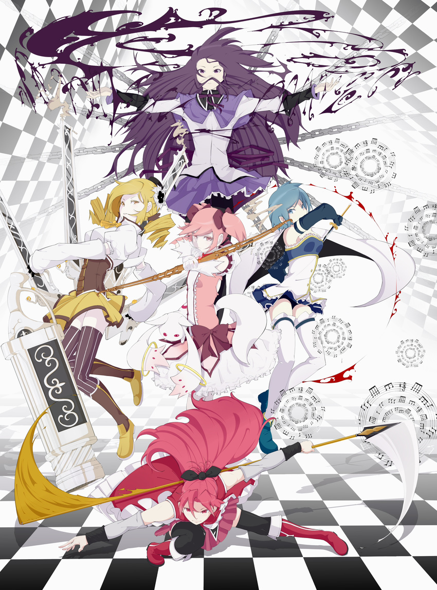 absurdres akemi_homura bad_revision black_legwear blonde_hair blue_eyes blue_hair boots bow_(weapon) breasts cape checkered checkered_floor detached_sleeves downscaled_revision dress drill_hair everyone fingerless_gloves frills gloves gun hair_ornament hair_ribbon highres kaname_madoka kyubey long_hair magical_girl magical_musket mahou_shoujo_madoka_magica md5_mismatch medium_breasts miki_sayaka multiple_girls musical_note pantyhose pink_eyes pink_hair pleated_skirt polearm ponytail purple_eyes purple_hair red_eyes red_hair ribbon rifle sakura_kyouko short_hair short_twintails skindentation skirt smoke spear str-natural sword thighhighs tomoe_mami twintails weapon yellow_eyes