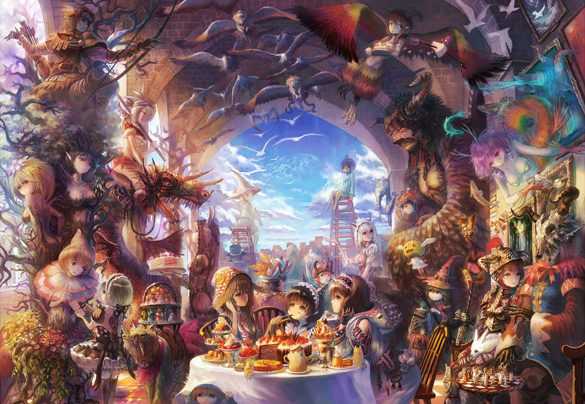 6+girls bad_id bad_pixiv_id bird bow_(weapon) breasts cake chair checkerboard_cookie chessboard cloud cookie crowd dragon dress dryad eating fairy fantasy feast feathers feeding food fruit gothic_lolita hat highres ladder large_breasts lolita_fashion mask monster_girl multiple_boys multiple_girls mushroom original outdoors parfait pastry pavement plant_girl sideboob sitting size_difference sky strawberry strawberry_shortcake surreal table tablecloth tiered_tray tree weapon witch_hat yoshiku_(oden-usagi)