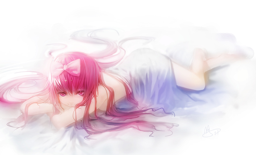 bed_sheet blanket bow commentary_request hair_bow long_hair lying naked_sheet nude on_stomach original pink_eyes pink_hair solo urami very_long_hair vocaloid