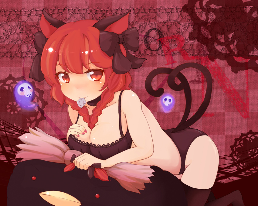 animal_ears between_breasts black_bra black_legwear black_panties bra braid breasts cat_ears cat_tail character_doll cleavage condom condom_in_mouth highres kaenbyou_rin large_breasts lingerie looking_at_viewer mouth_hold multiple_tails nail_polish panties red_eyes red_hair reiuji_utsuho reiuji_utsuho_(bird) shiro_tsugumi short_hair solo tail thighhighs touhou twin_braids twintails underwear underwear_only