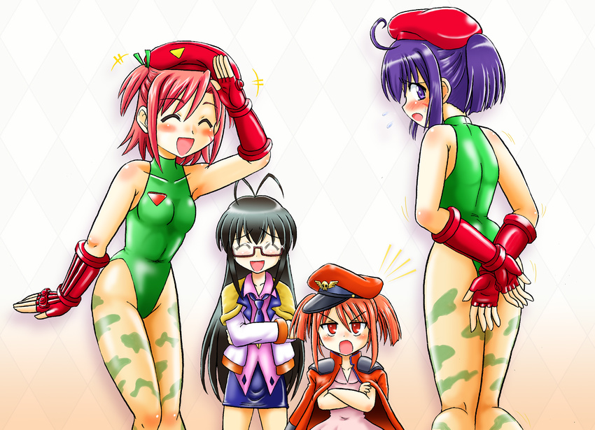 beret blush bodypaint cammy_white cammy_white_(cosplay) cosplay embarrassed green_leotard hasegawa_chisame hat highres hoshikawa_tsukimi jacket_on_shoulders leotard mahou_sensei_negima! miyazaki_nodoka multiple_girls pink_hair purple_hair saotome_haruna sasaki_makie street_fighter vega vega_(cosplay)