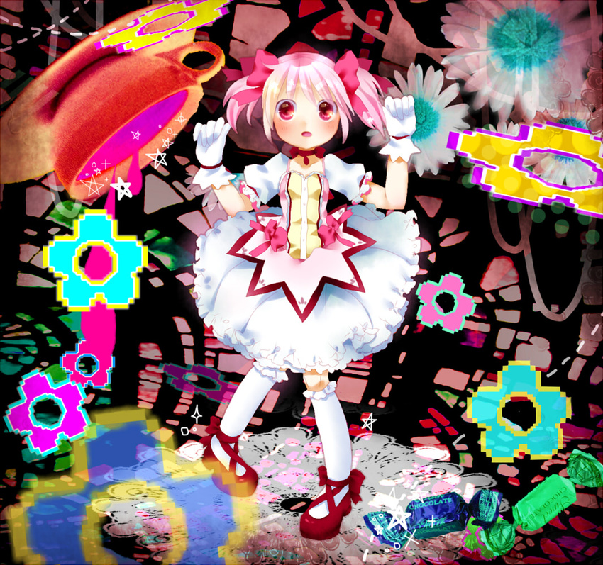 bow bubble_skirt candy cup flower food gloves kaname_madoka magical_girl mahou_shoujo_madoka_magica open_mouth pink_eyes pink_hair reina_(polypropylene) shoes skirt solo twintails witch's_labyrinth