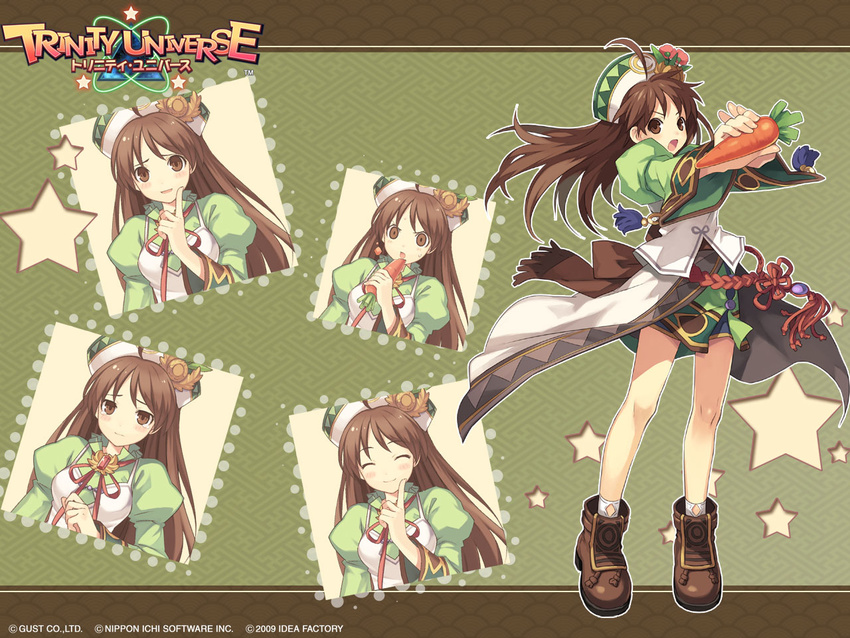 2009 atelier_(series) atelier_viorate blush brown_eyes brown_hair carrot closed_eyes green_background green_skirt hat long_hair multiple_persona official_art skirt trinity_universe tsunako viorate_platane wallpaper