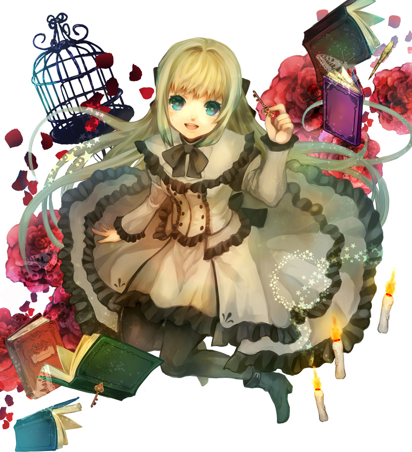 :d absurdres bad_id bad_pixiv_id birdcage blonde_hair blue_eyes book boots bow cage candle dress flower gradient_hair hair_bow highres holding key long_hair multicolored_hair open_book open_mouth original pantyhose pen petals red_flower red_rose rose rose_petals senano-yu smile solo