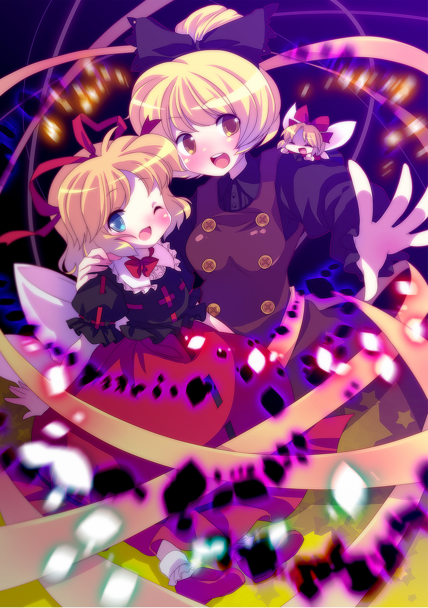 absurdres amo blonde_hair blue_eyes bow danmaku doll hair_bow highres kurodani_yamame medicine_melancholy multiple_girls one_eye_closed short_hair su-san touhou wings yellow_eyes