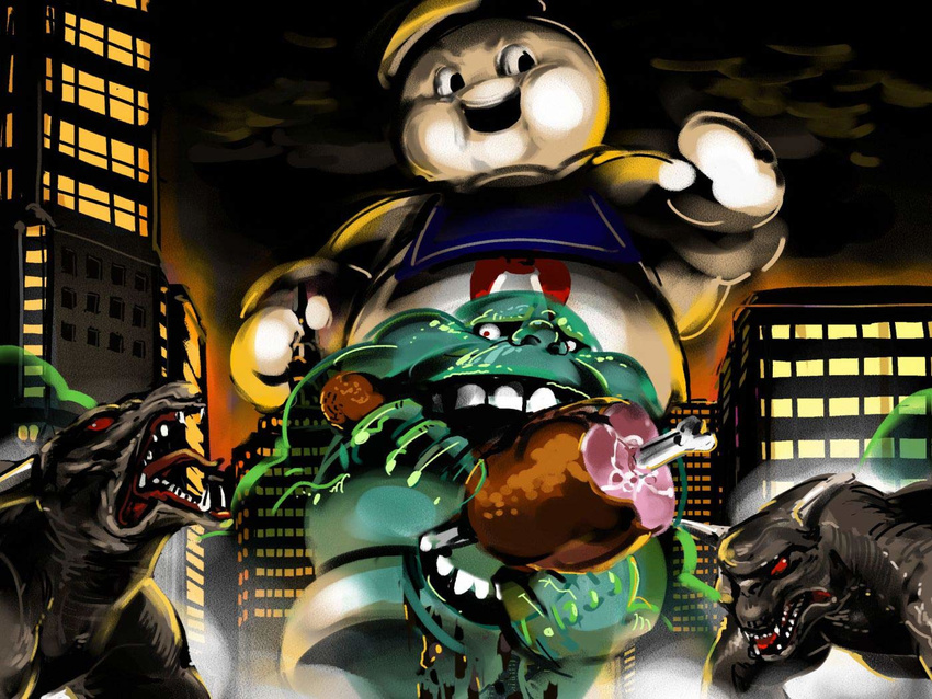 bad_pixiv_id city dog food ghost ghostbusters meat monster nekoixa night no_humans slimer stay_puft