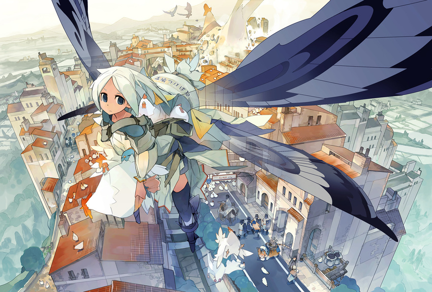 akitsu_taira animal bag bird black_legwear blue_eyes boots butterfly_wings chicken cityscape dress flying izumi_luna_(akitsu_taira) large_wings original solo_focus thighhighs white_hair wings