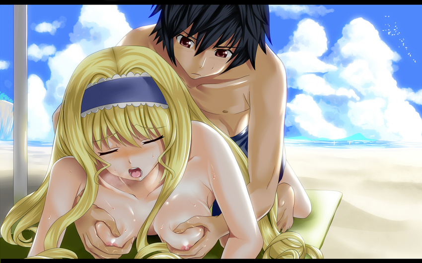 1girl aldehyde bad_id bad_pixiv_id beach black_hair blonde_hair blue_hairband blush breast_squeeze breasts cecilia_alcott closed_eyes day hairband infinite_stratos letterboxed long_hair lying medium_breasts on_stomach open_mouth orimura_ichika red_eyes short_hair