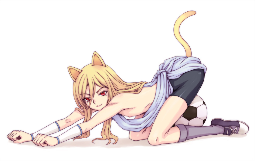 1boy afuro_terumi animal_ears ass ass_up ball bare_shoulders bent_over blonde_hair cat_ears cat_pose cat_stretch cat_tail catboy full_body inazuma_eleven inazuma_eleven_(series) long_hair lying male_focus nipple_slip nipples paw_pose red_eyes shorts simple_background smile soccer soccer_ball solo stretch tail top-down_bottom-up trap