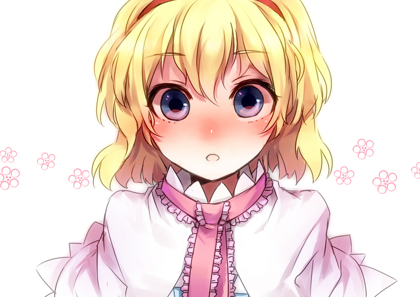 74_(teduka) alice_margatroid blonde_hair blue_eyes blush capelet face hairband highres looking_at_viewer open_mouth portrait short_hair solo surprised touhou wide-eyed