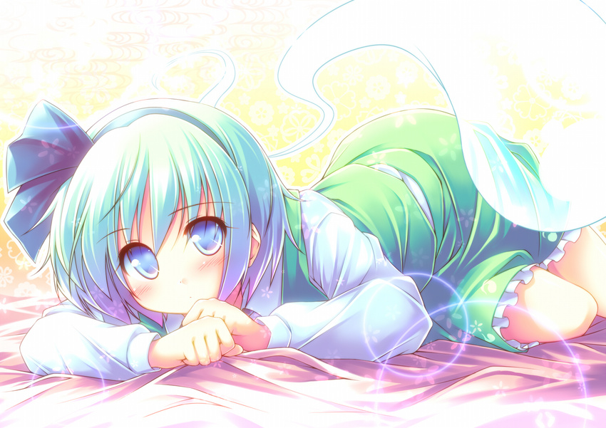 aqua_hair blue_eyes blue_hair blush ghost gradient_hair hairband hitodama kibushi konpaku_youmu konpaku_youmu_(ghost) light lying md5_mismatch multicolored_hair on_stomach pink_hair purple_hair short_hair solo touhou transparent