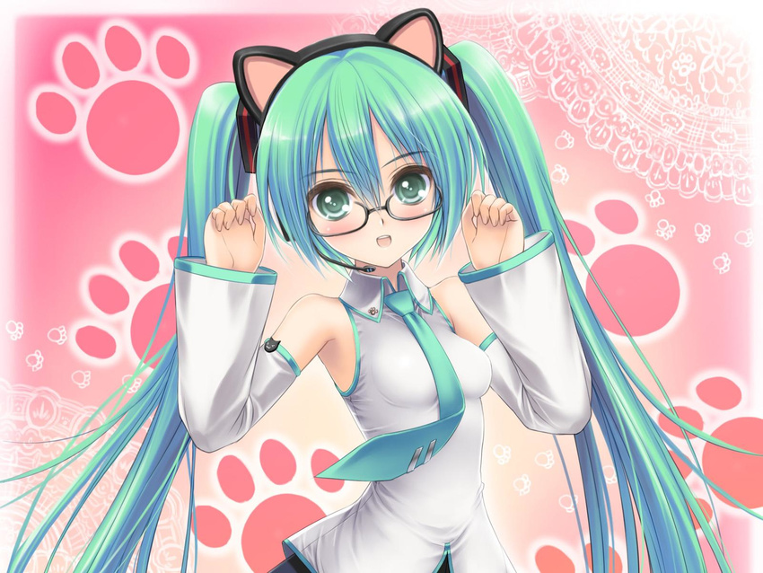 animal_ears armpits cat_ears detached_sleeves glasses green_eyes green_hair hatsune_miku highres long_hair mikumikudance necktie norita nyanyanyanyanyanyanya!_(vocaloid) paw_pose solo twintails vocaloid vocaloid_(lat-type_ver)