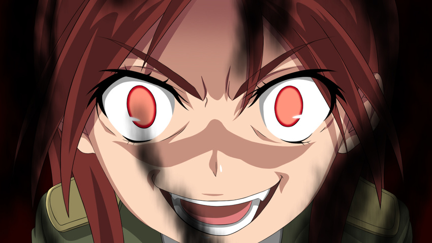 :d evil_grin evil_smile fangs grin military military_uniform minna-dietlinde_wilcke monizumi_ishikawa open_mouth parody red_eyes red_hair smile solo strike_witches to_aru_majutsu_no_index uniform world_witches_series yandere