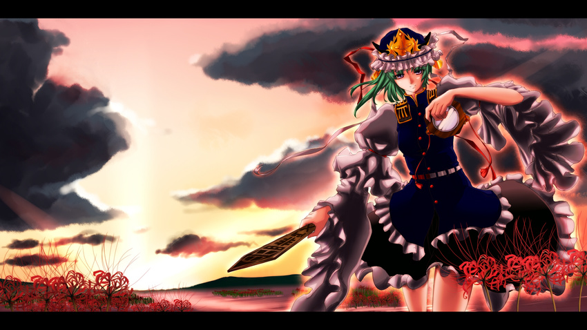amgetd flower green_hair hat highres letterboxed light_smile mirror purple_eyes rod_of_remorse shiki_eiki solo spider_lily sunset touhou wallpaper