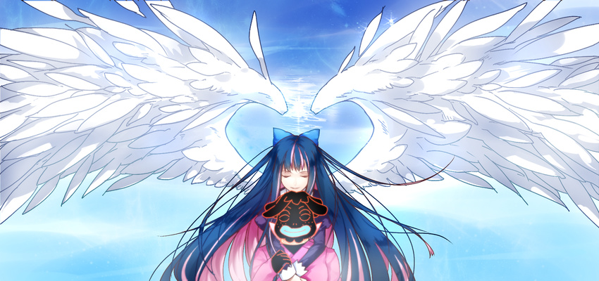 1girl angel_wings bad_id bad_pixiv_id baocaiwangfei blue_hair bow closed_eyes couple ghost_(psg) gothic_lolita hair_bow hetero highres lolita_fashion long_hair multicolored_hair panty_&amp;_stocking_with_garterbelt pink_hair smile stocking_(psg) wings