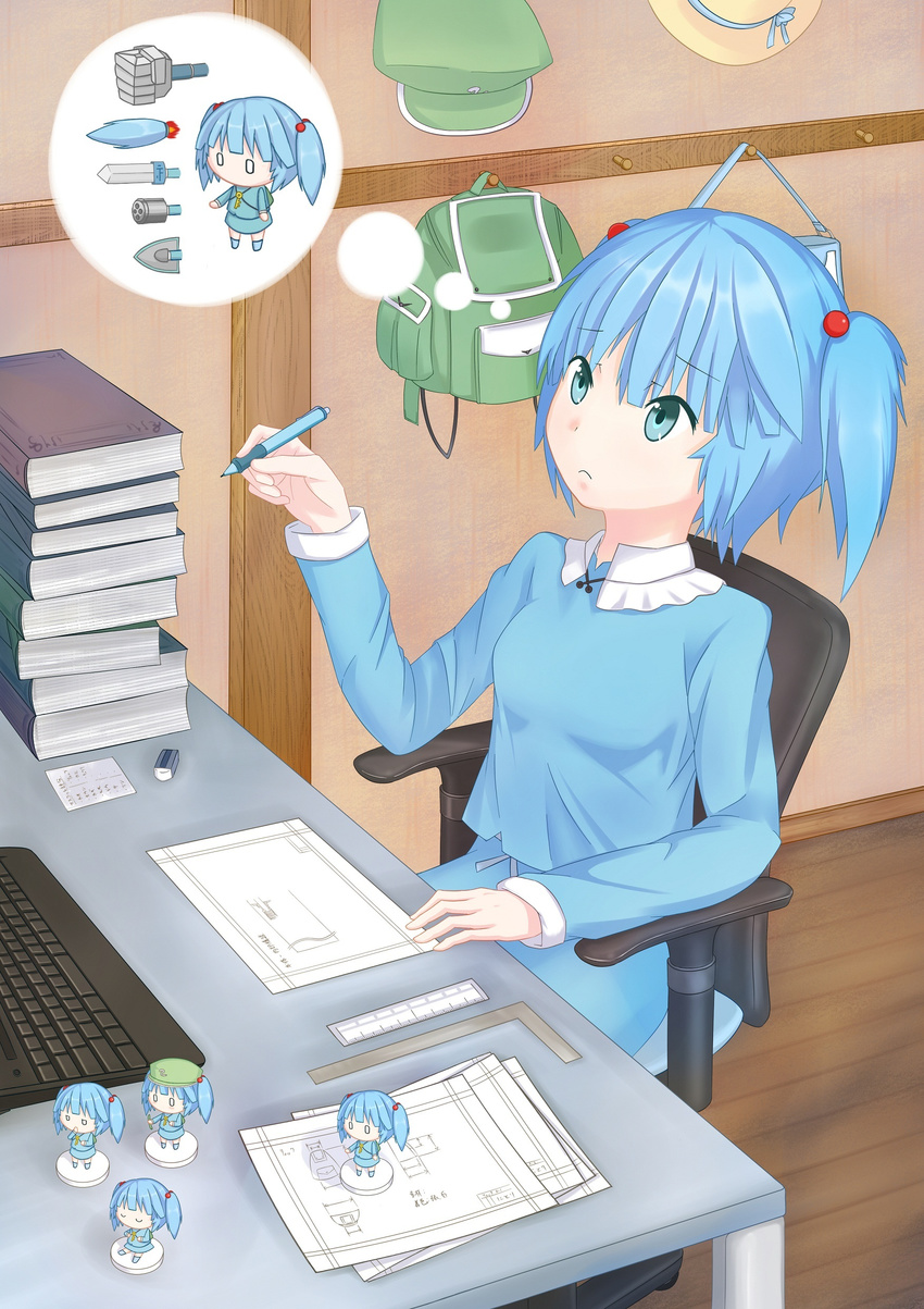 absurdres backpack bag blue_eyes blue_hair book chibi cucumber eraser figure hair_bobbles hair_ornament hat hat_removed headwear_removed highres kawashiro_nitori key keyboard_(computer) kumomiya paper pencil ruler short_hair sitting solo thought_bubble touhou two_side_up