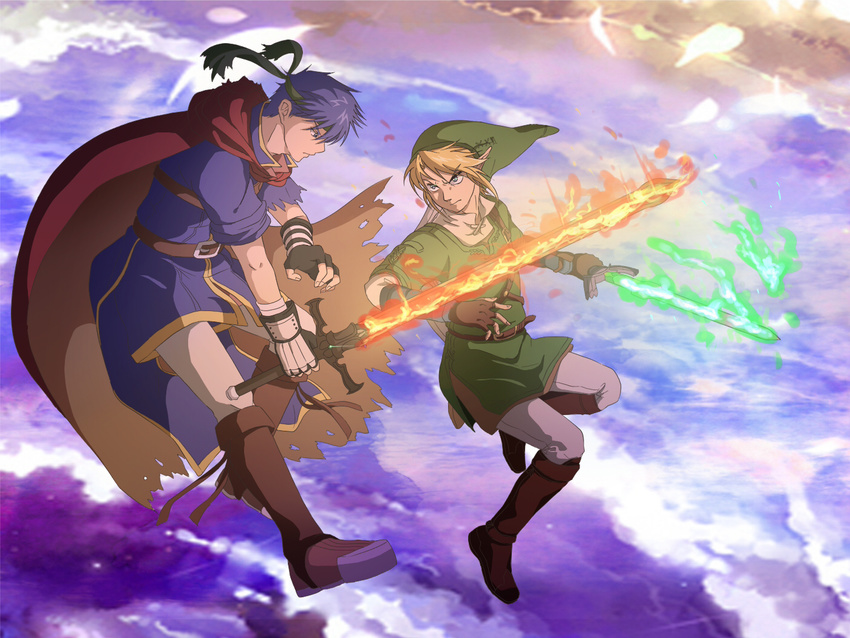 bad_id bad_pixiv_id battle blonde_hair blue_eyes blue_hair boots cape colorized duel fingerless_gloves fire fire_emblem fire_emblem:_souen_no_kiseki flaming_sword gloves green_fire hat headband holding holding_sword holding_weapon ike knee_boots kudakeru left-handed link multiple_boys pantyhose pointy_ears super_smash_bros. sword the_legend_of_zelda the_legend_of_zelda:_twilight_princess tunic weapon