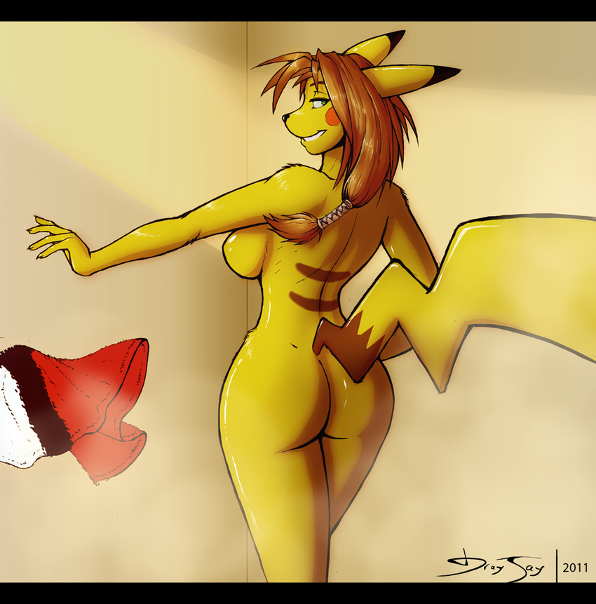 anthro back back_turned black_nose breasts brown_hair butt claws dracojeff female fur green_eyes grin hair long_hair looking_at_viewer looking_back lyn_vautour nintendo nude pikachu pok&#233;mon pok&#233;morph pok&eacute;mon ponytail ratchetsly shower side_boob smile solo standing tail towel video_games yellow_fur