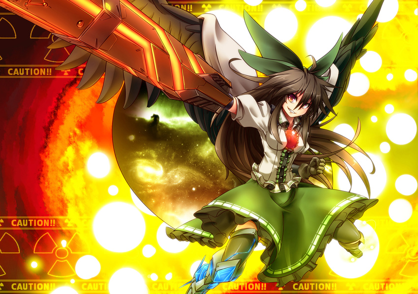 alternate_weapon arm_cannon asymmetrical_clothes bow brown_hair cape green_bow grin hair_bow highres kimagure_ringo long_hair mismatched_footwear red_eyes reiuji_utsuho smile solo third_eye touhou weapon wings