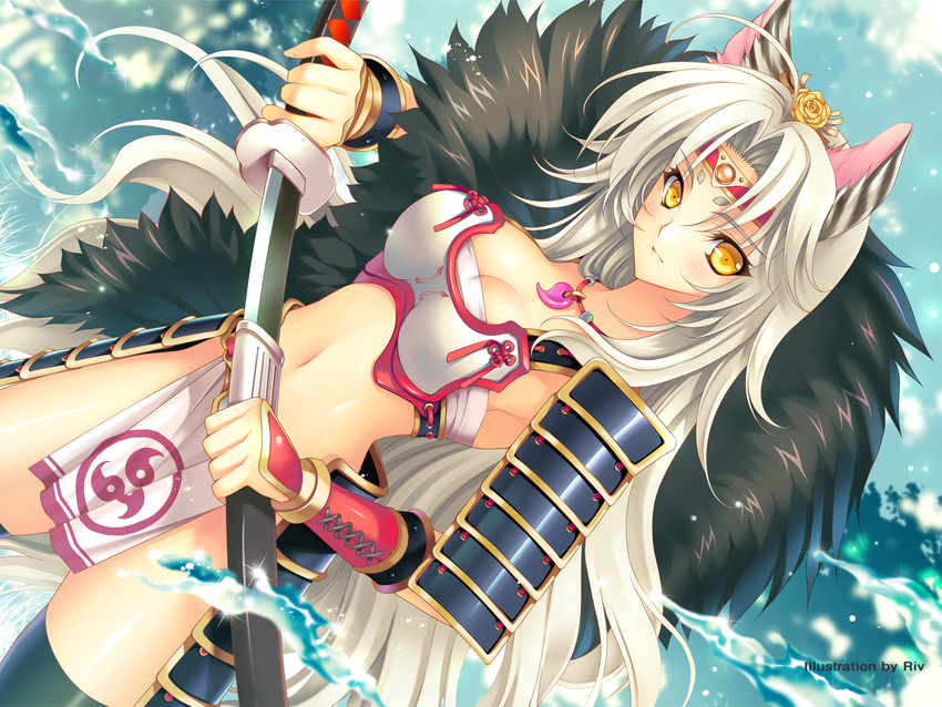 animal_ears armor bikini_armor breasts cat_ears cleavage dutch_angle feathers flower headband highres japanese_armor katana loincloth long_hair magatama medium_breasts navel original riv silver_hair solo sword thighhighs vambraces water weapon yellow_eyes