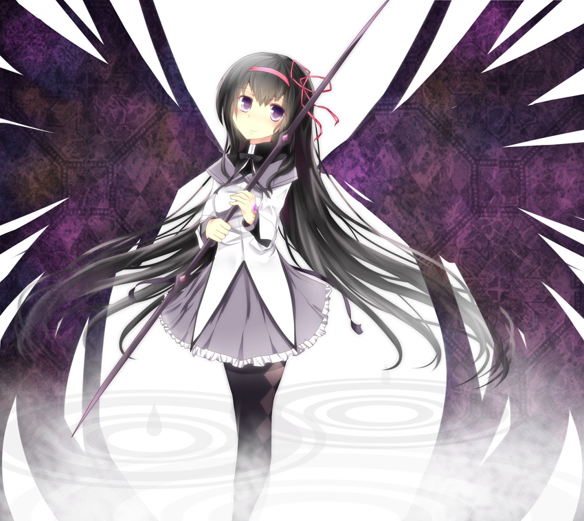 absurdres akemi_homura black_hair black_legwear blush bow_(weapon) e-co highres long_hair magical_girl mahou_shoujo_madoka_magica pantyhose purple_eyes ribbon smile solo spoilers weapon