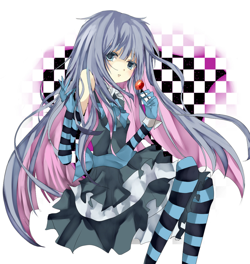 bad_id bad_pixiv_id bare_shoulders blue_eyes blue_hair candy checkered checkered_background food gloves lollipop long_hair luckstars multicolored_hair panty_&amp;_stocking_with_garterbelt solo stocking_(psg) striped striped_legwear thighhighs two-tone_hair very_long_hair