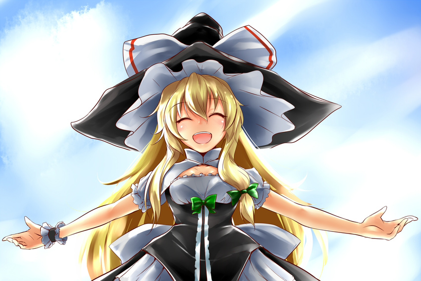 :d blonde_hair bow closed_eyes curiosities_of_lotus_asia hair_bow hat k2isu kirisame_marisa long_hair open_mouth outstretched_arms sidelocks sky smile solo spread_arms touhou very_long_hair witch_hat wrist_cuffs