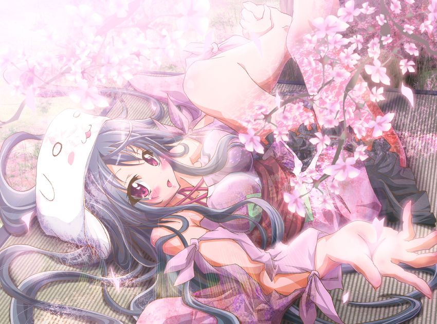 blush_stickers cherry_blossoms inoshishi_(ikatomo) lying original petals skirt solo