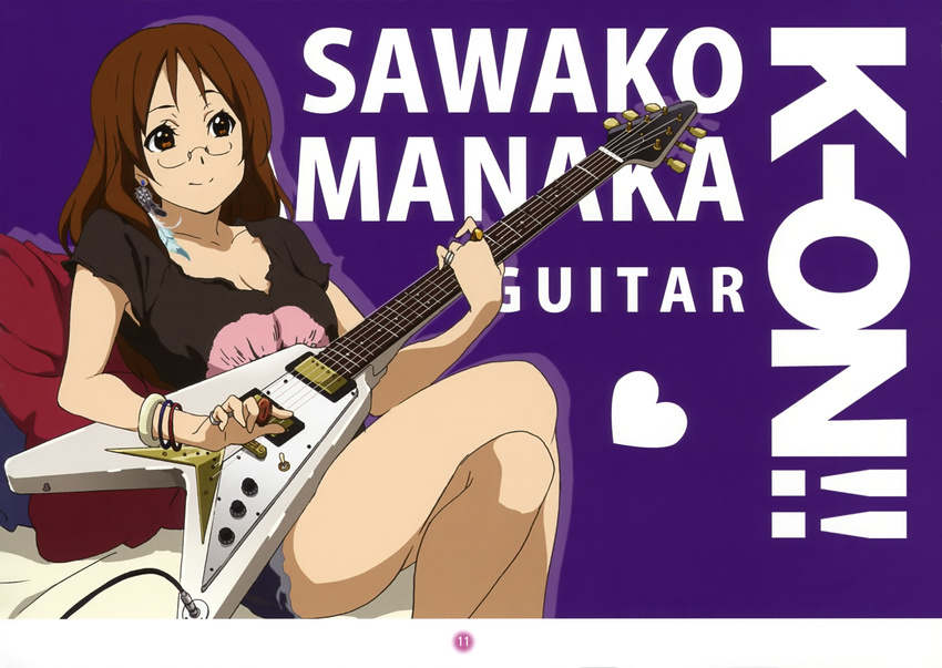 absurdres artist_request breasts casual character_name cleavage coin copyright_name crossed_legs feathers flying_v gibson glasses guitar highres instrument k-on! large_breasts legs sitting smile solo thighs yamanaka_sawako