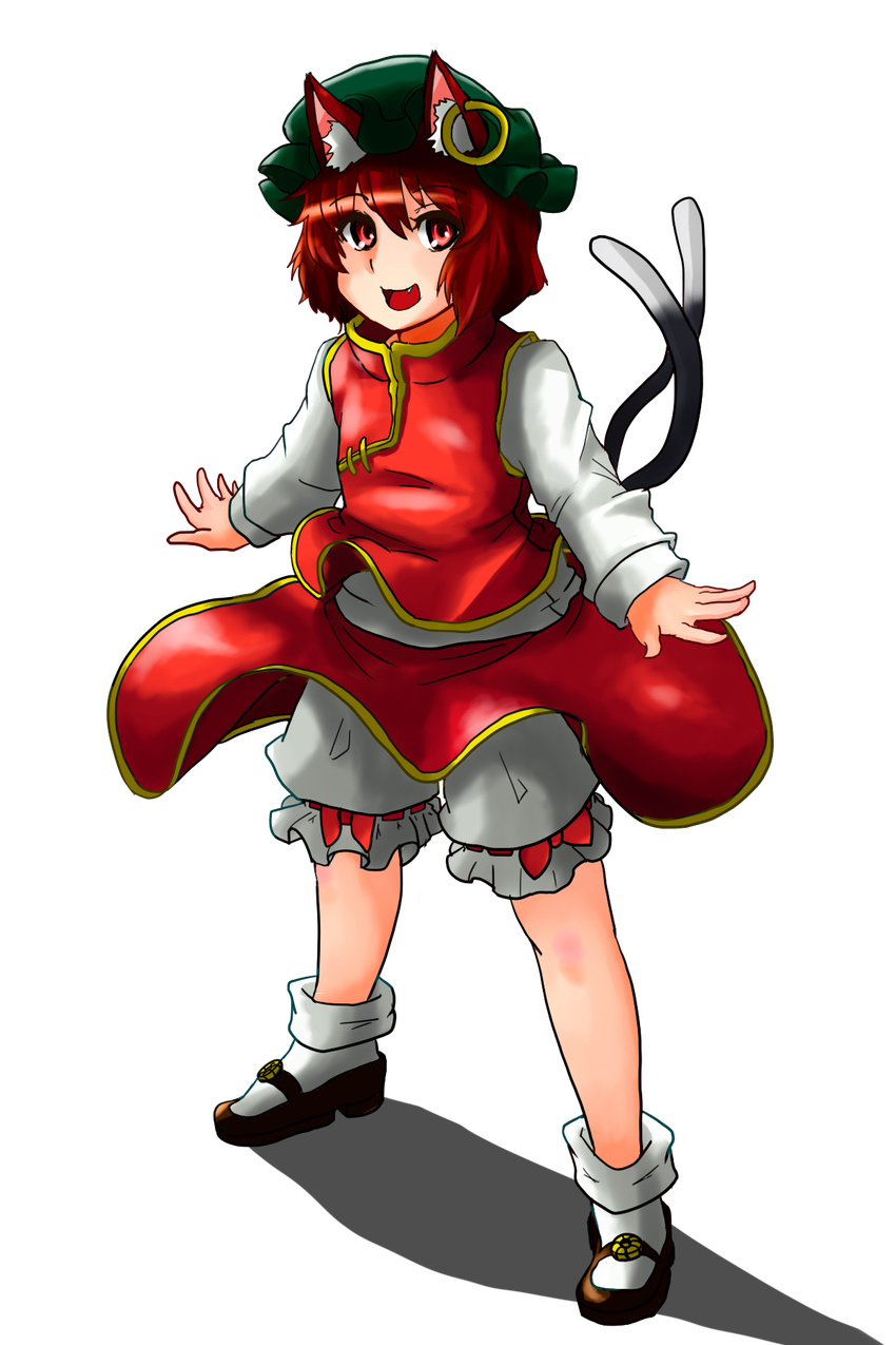 animal_ears bad_id bad_pixiv_id bloomers brown_hair cat_ears cat_tail chen china_dress chinese_clothes dress earrings fang full_body hat highres jewelry multiple_tails nicutoka red_eyes short_hair smile solo tail touhou transparent_background underwear