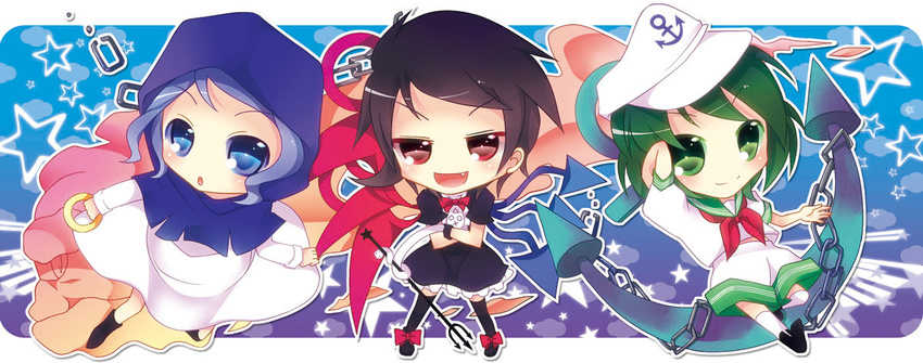 anchor bad_id bad_pixiv_id black_legwear blue_eyes blue_hair brown_hair chain chibi crossed_arms dress green_eyes green_hair hat hood houjuu_nue kaza kumoi_ichirin multiple_girls murasa_minamitsu polearm red_eyes sailor sailor_hat short_hair shorts star thighhighs touhou trident unzan weapon wings zettai_ryouiki