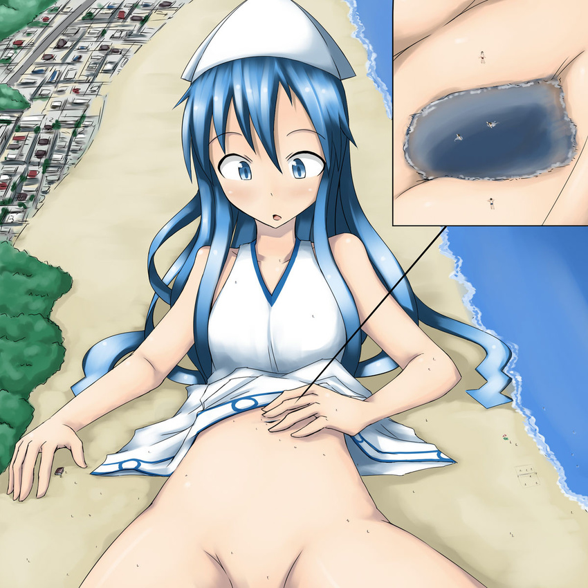 beach dress dress_lift giantess highres ikamusume mound_of_venus navel no_panties ochiko pool shinryaku!_ikamusume terada_ochiko