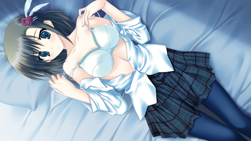 bed bra game_cg nekonade_distortion open_shirt tsukinon underwear yuzu_(nekonade_distortion)