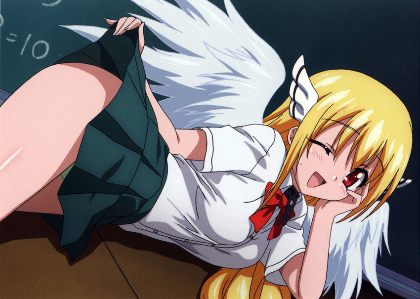 :d absurdres angel_wings arm_support astraea blackboard blonde_hair blush breasts chalkboard female green_panties highres indoors long_hair looking_at_viewer lying on_side open_mouth panties pantyshot plaid plaid_skirt red_eyes ribbon school_uniform schoolgirl serafuku shirt skirt skirt_lift smile solo sora_no_otoshimono thighs underwear wings wink