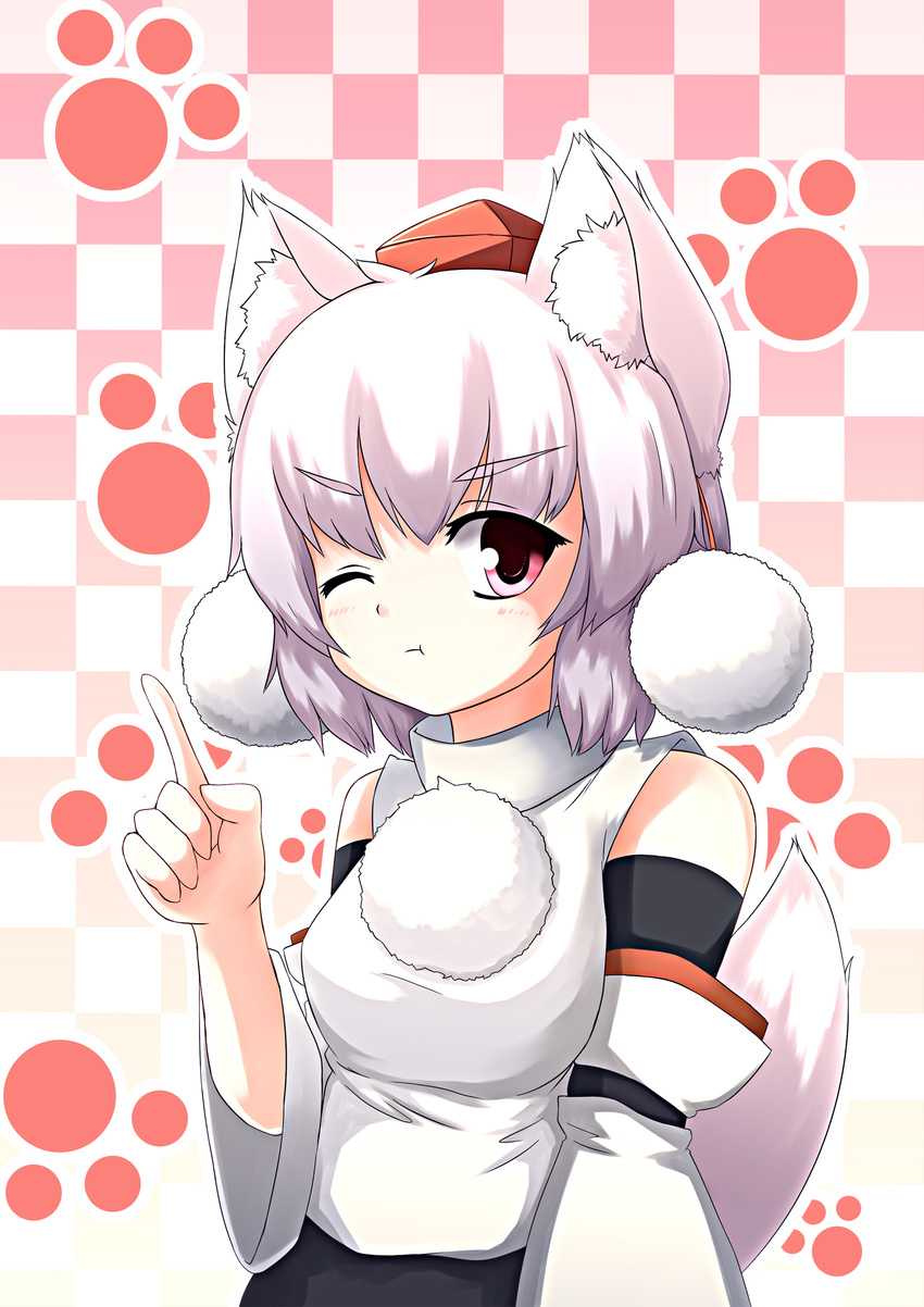 ;t absurdres angry animal_ears checkered checkered_background detached_sleeves hat highres inubashiri_momiji minazuki_(aqua-city) one_eye_closed pointing pout red_eyes short_hair silver_hair solo tail tokin_hat touhou white_hair wolf_ears wolf_tail