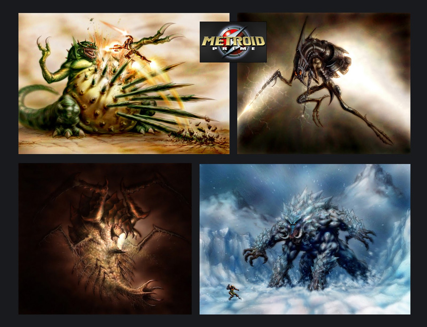 epic fighting greg_luzniak highres ice kraid metroid parasite_queen power_suit samus_aran size_difference snow