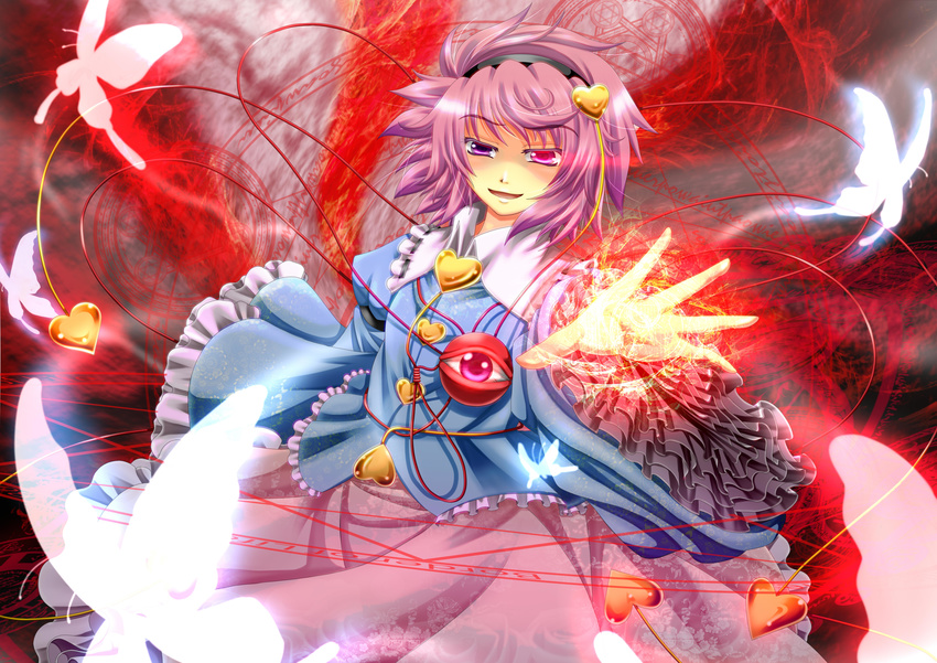 absurdres archienemy bug butterfly eyeball glowing glowing_eye heart highres insect komeiji_satori magic_circle md5_mismatch open_mouth outstretched_hand purple_eyes purple_hair short_hair smile solo touhou