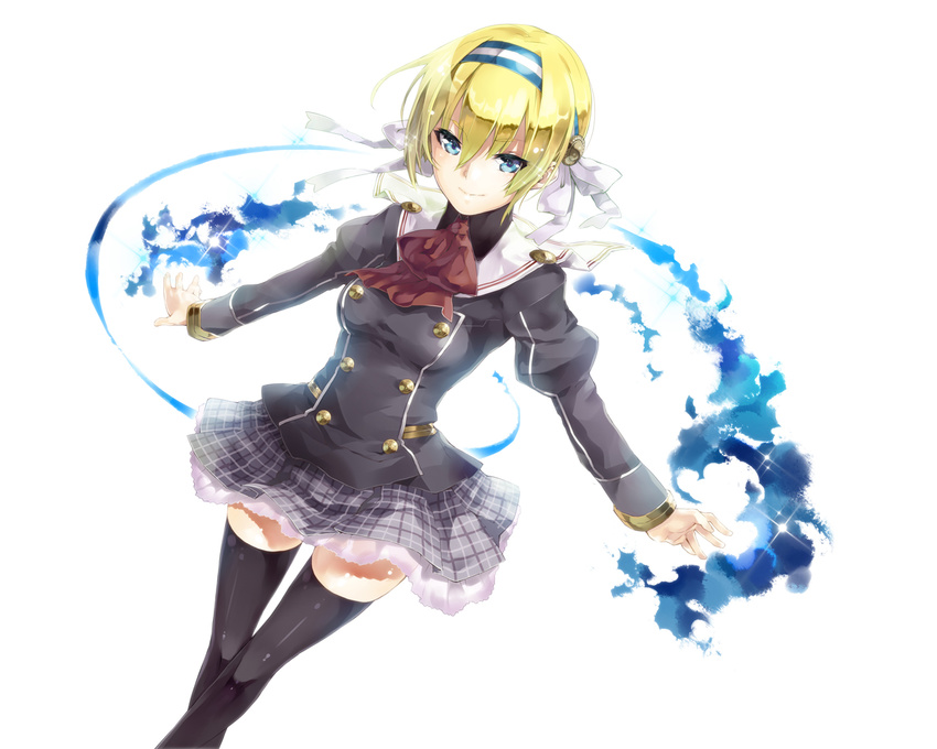 black_legwear blonde_hair blue_eyes buttons cover cover_page hairband outstretched_arms plaid plaid_skirt ruvy_arusurei school_uniform shiny shiny_hair short_hair skirt smile solo spread_arms temptation_crown thighhighs yuugen zettai_ryouiki